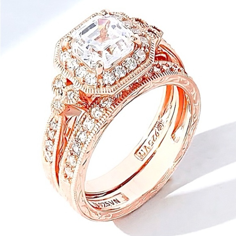 Rose Gold sterling silver Engagement Ring Set with Swarovski Stones Asher Cut - Picture 7 of 11